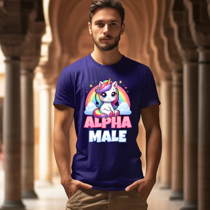 Alpha male - jednorožec s dúhou - pánske tričko s potlačou