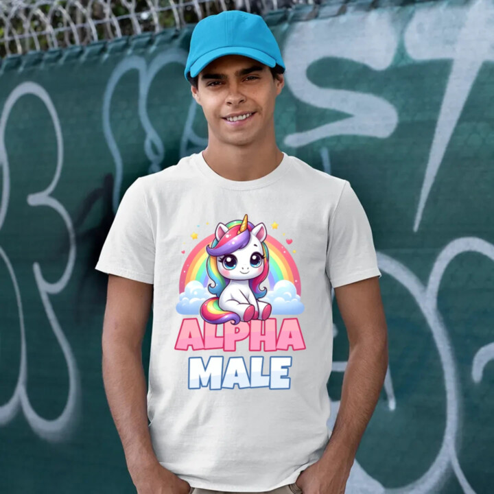 Alpha male - jednorožec s dúhou - pánske tričko s potlačou