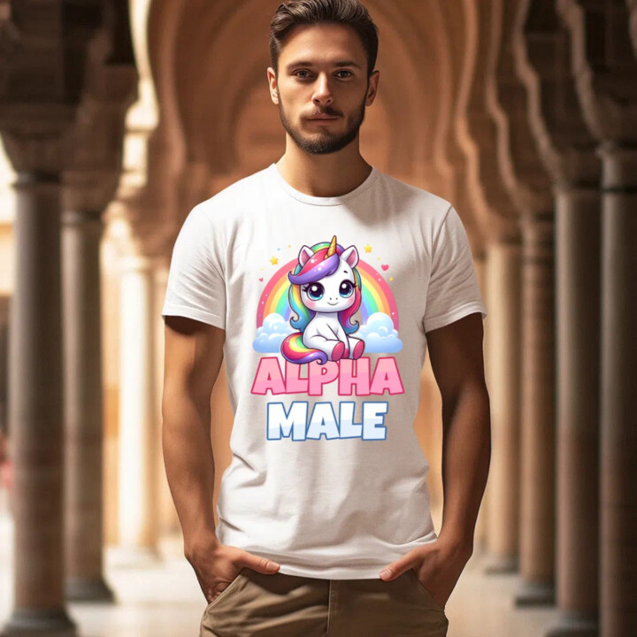 Alpha male - jednorožec s dúhou - pánske tričko s potlačou