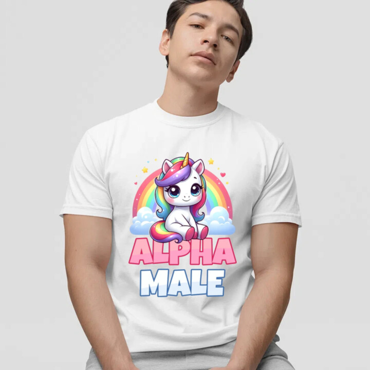 Alpha male - jednorožec s dúhou - pánske tričko s potlačou