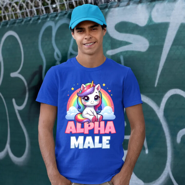 Alpha male - jednorožec s dúhou - pánske tričko s potlačou