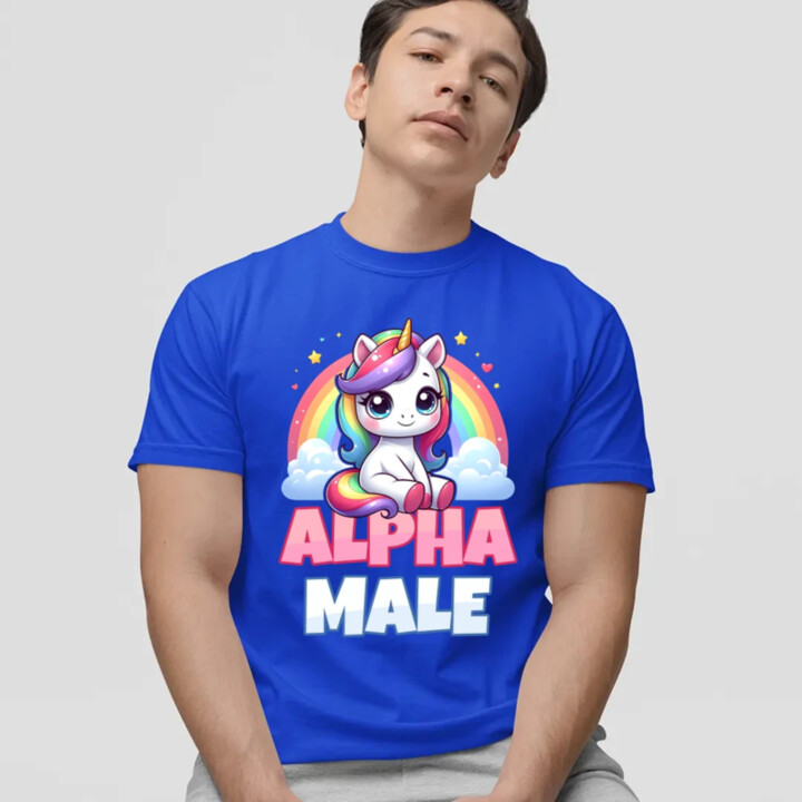 Alpha male - jednorožec s dúhou - pánske tričko s potlačou