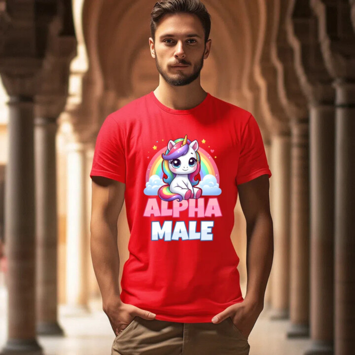 Alpha male - jednorožec s dúhou - pánske tričko s potlačou