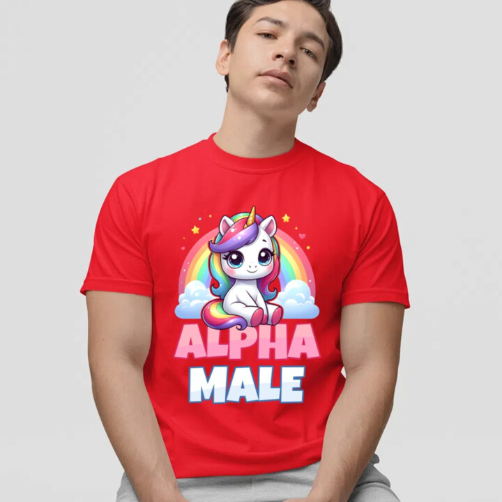 Alpha male - jednorožec s dúhou - pánske tričko s potlačou