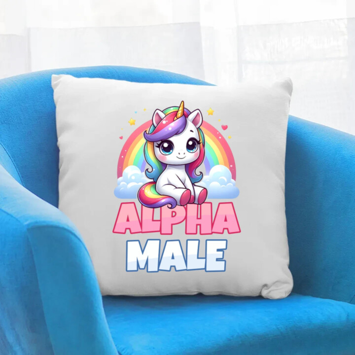 Alpha male - jednorožec s dúhou - vankúš s potlačou