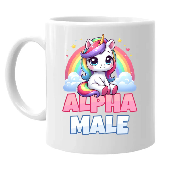 Alpha male - jednorožec s dúhou - keramický hrnček s potlačou