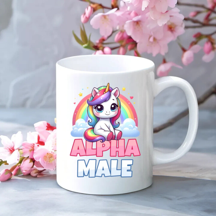 Alpha male - jednorožec s dúhou - keramický hrnček s potlačou