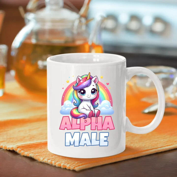 Alpha male - jednorožec s dúhou - keramický hrnček s potlačou