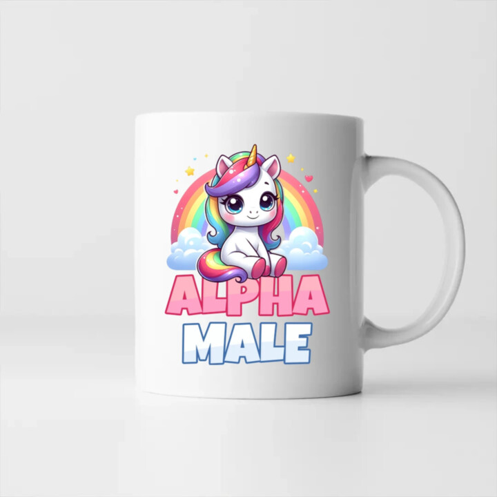 Alpha male - jednorožec s dúhou - keramický hrnček s potlačou