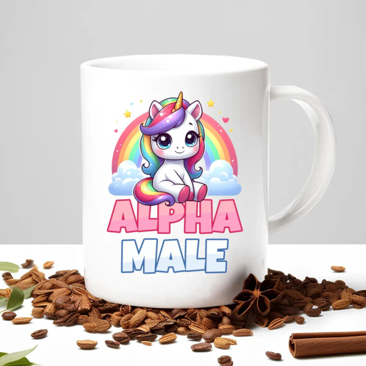 Alpha male - jednorožec s dúhou - keramický hrnček s potlačou