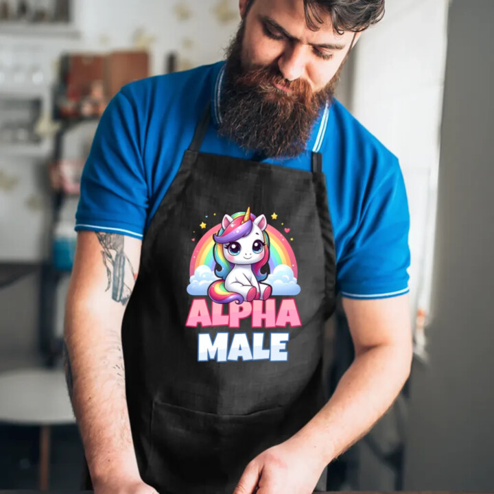 Alpha male - jednorožec s dúhou - zástera s potlačou