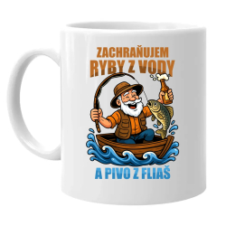 Zachraňujem ryby z vody a pivo z fliaš v2 - keramický hrnček s potlačou