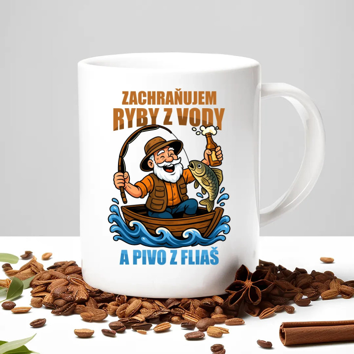 Zachraňujem ryby z vody a pivo z fliaš v2 - keramický hrnček s potlačou