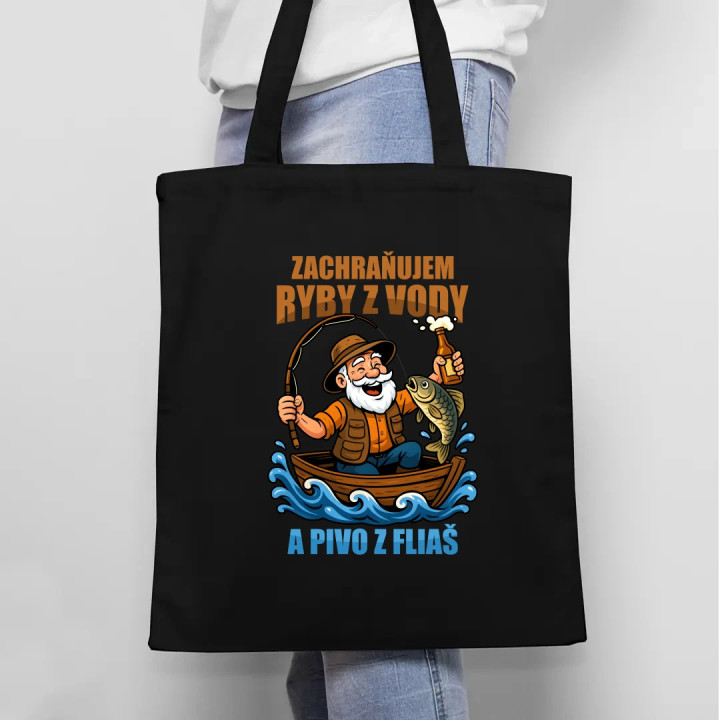 Zachraňujem ryby z vody a pivo z fliaš v2 - taška s potlačou