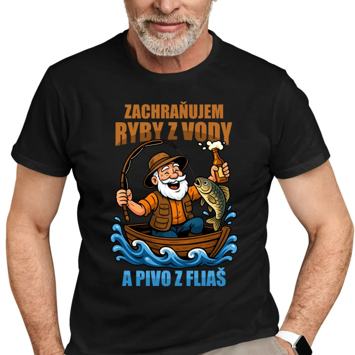 Zachraňujem ryby z vody a pivo z fliaš v2 - pánske tričko s potlačou