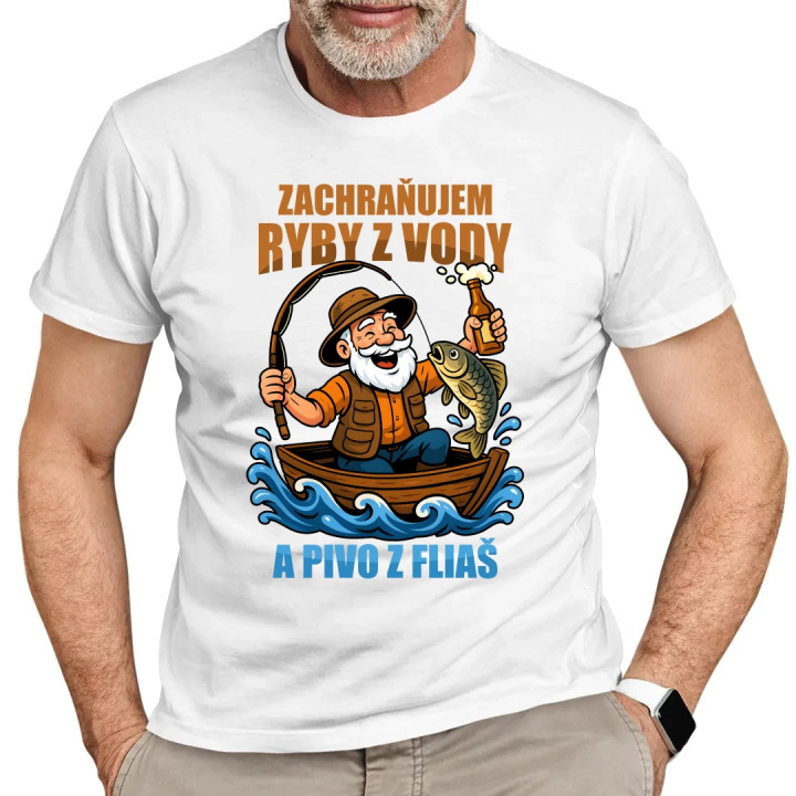 Zachraňujem ryby z vody a pivo z fliaš v2 - pánske tričko s potlačou