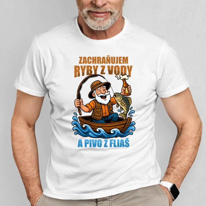 Zachraňujem ryby z vody a pivo z fliaš v2 - pánske tričko s potlačou