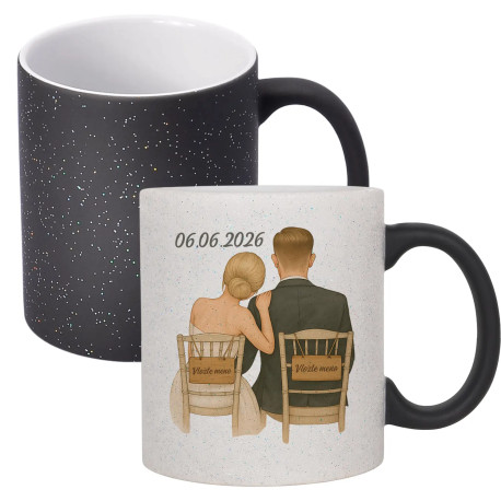 Nevesta a ženích + dátum + mená - blondínka - magický trblietavý hrnček s potlačou - personalizovaný produkt