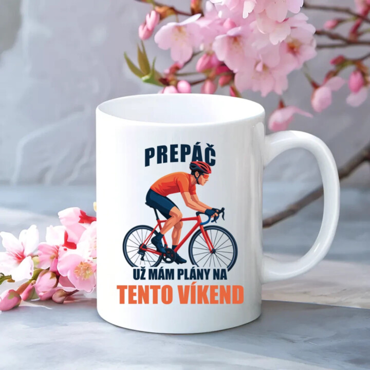 Prepáč, už mám plány na tento víkend - bicykel - keramický hrnček s potlačou
