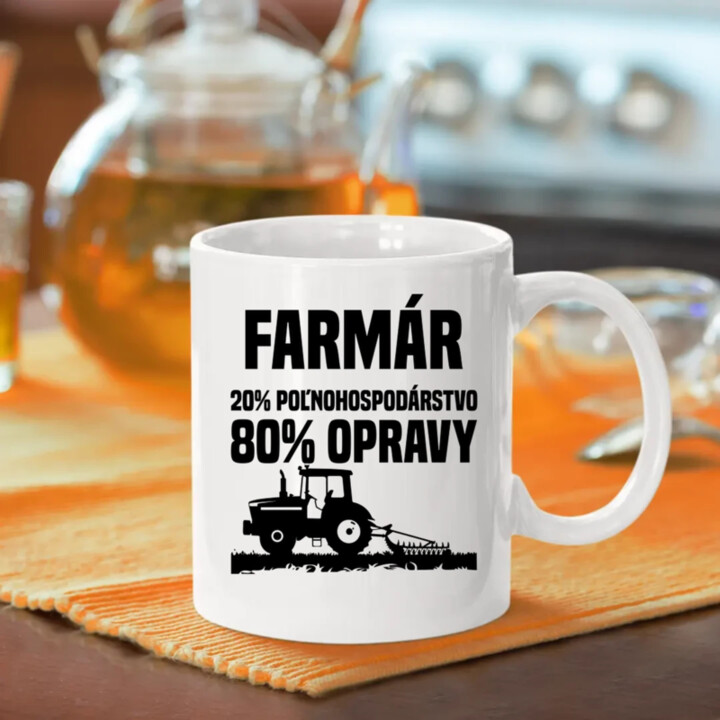 farmár - 20 % poľnohospodárstvo, 80 % opravy - keramický hrnček s potlačou