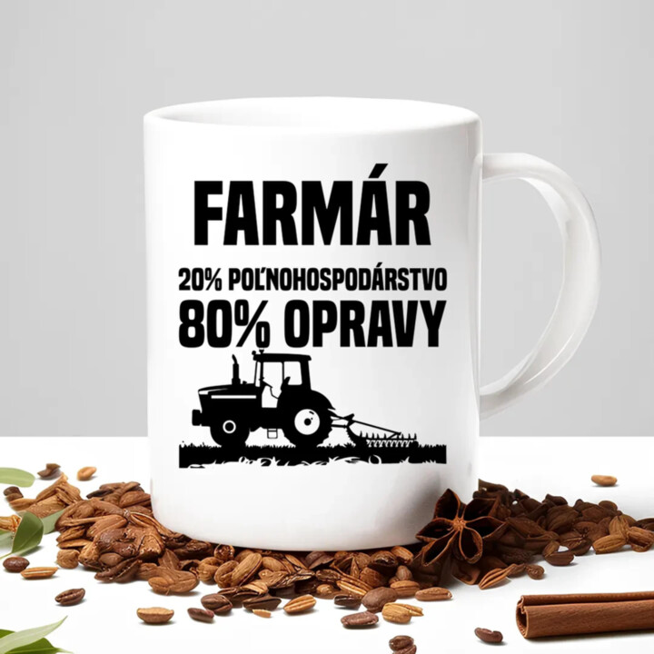 farmár - 20 % poľnohospodárstvo, 80 % opravy - keramický hrnček s potlačou