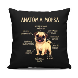 Anatómia mopsa - čierny vankúš s potlačou