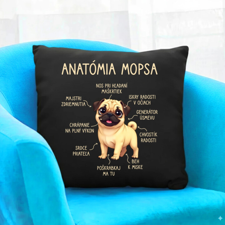 Anatómia mopsa - čierny vankúš s potlačou