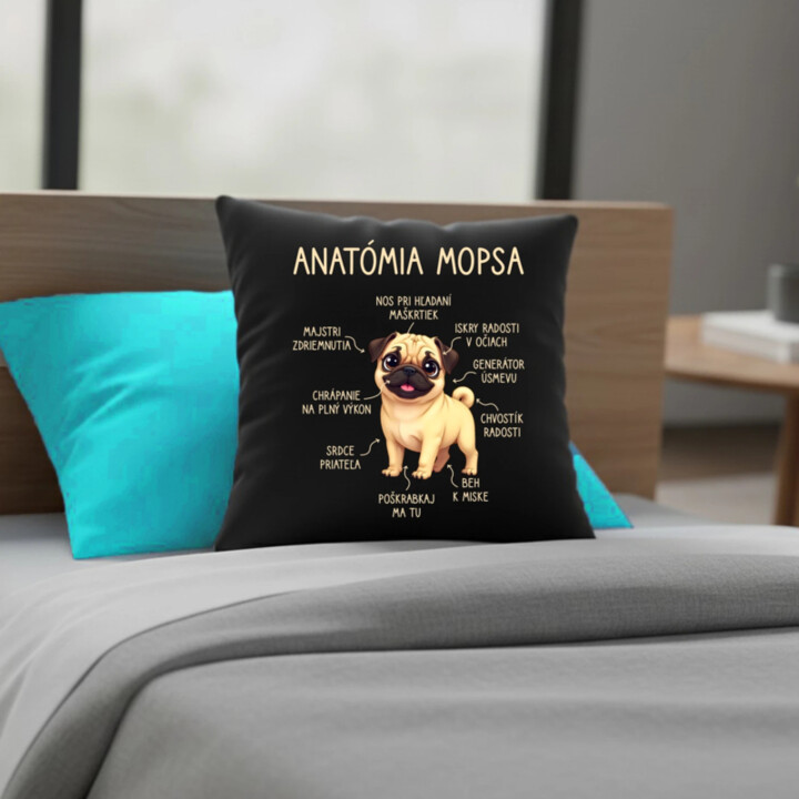 Anatómia mopsa - čierny vankúš s potlačou