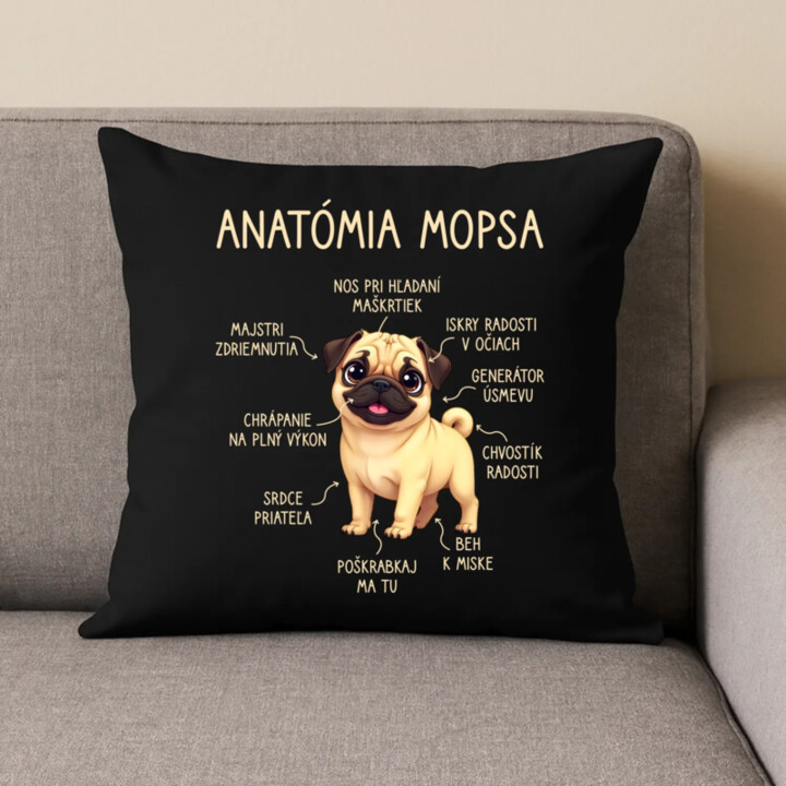 Anatómia mopsa - čierny vankúš s potlačou