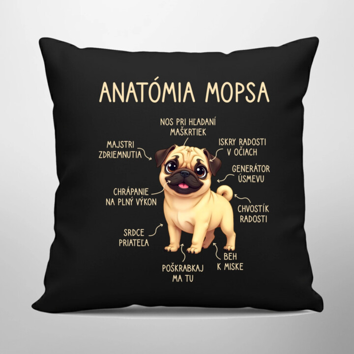 Anatómia mopsa - čierny vankúš s potlačou