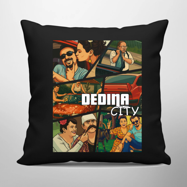 Dedina city - čierny vankúš s potlačou