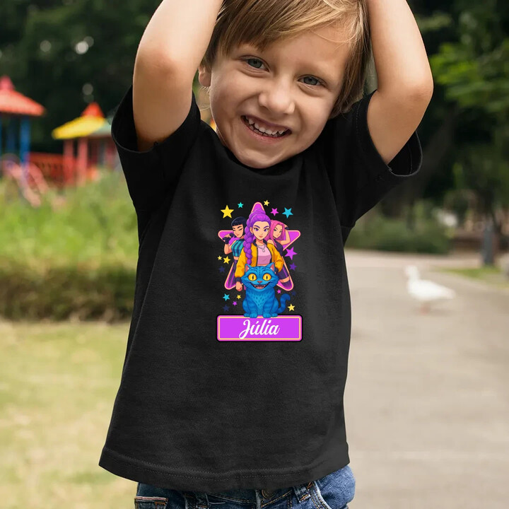 Rumi, Mira i Zoey - detské tričko s potlačou pre fanúšikov huntrix kpop demon hunters - personalizovaný produkt