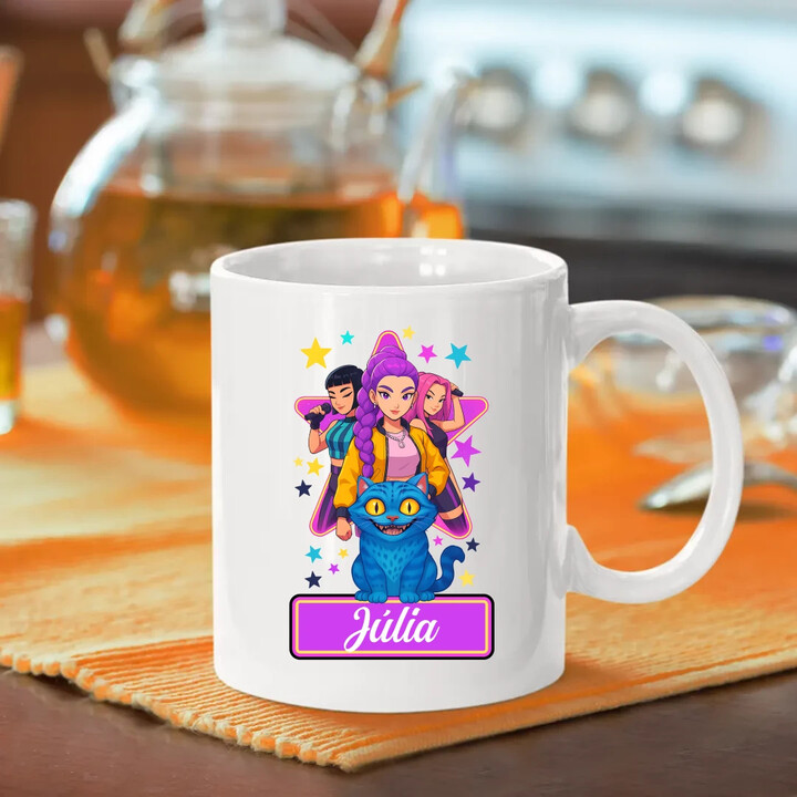 Rumi, Mira i Zoey - keramický hrnček s potlačou pre fanúšikov huntrix kpop demon hunters - personalizovaný produkt