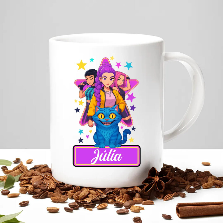 Rumi, Mira i Zoey - keramický hrnček s potlačou pre fanúšikov huntrix kpop demon hunters - personalizovaný produkt