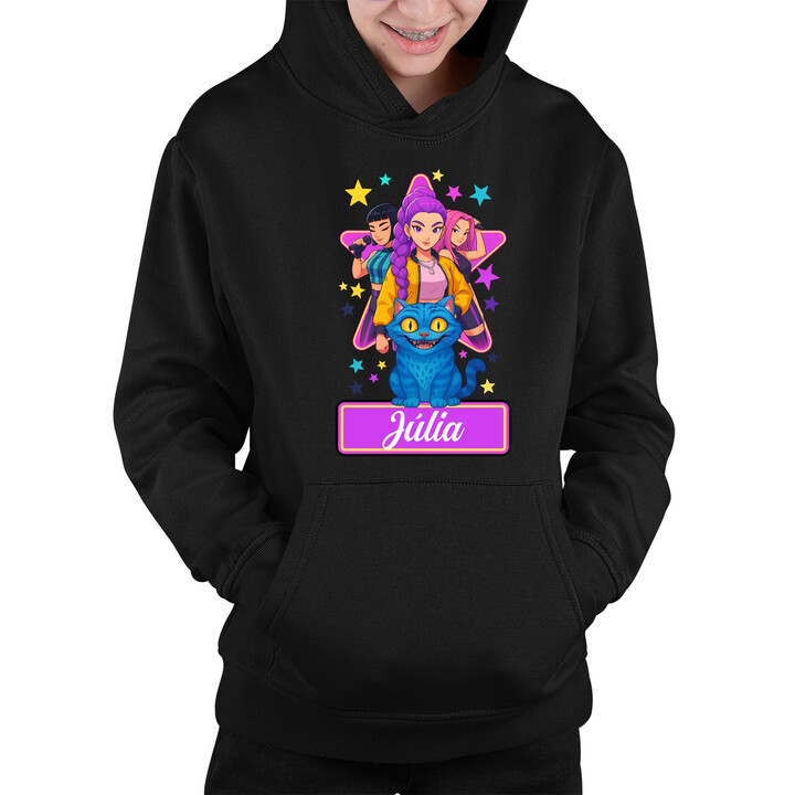 Rumi, Mira i Zoey - detská mikina s kapucňou pre fanúšikov huntrix kpop demon hunters - personalizovaný produkt