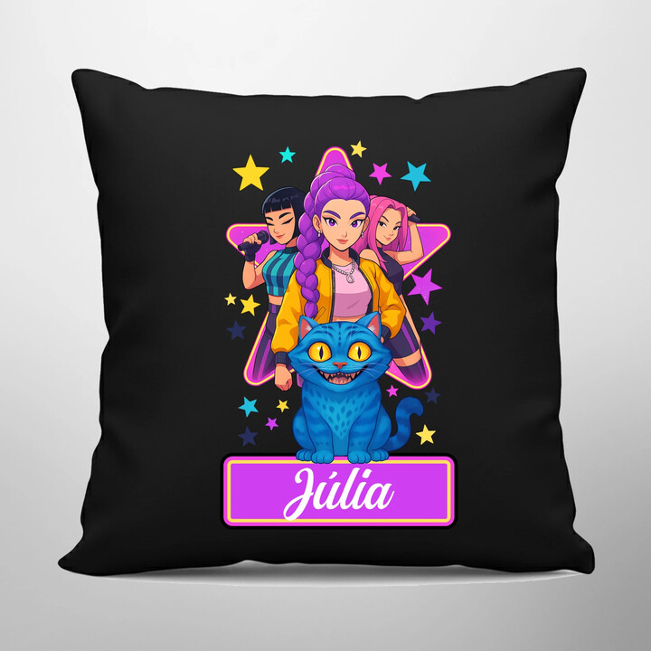 Rumi, Mira i Zoey - čierny vankúš s potlačou pre fanúšikov huntrix kpop demon hunters - personalizovaný produkt