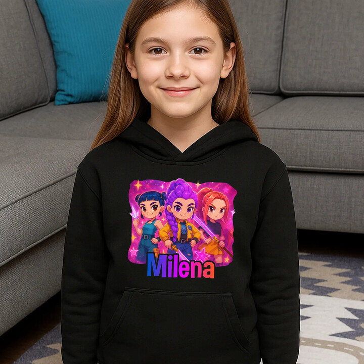 Huntrix s menom - detská mikina s kapucňou pre fanúšikov huntrix KPop Demon Hunters - personalizovaný produkt
