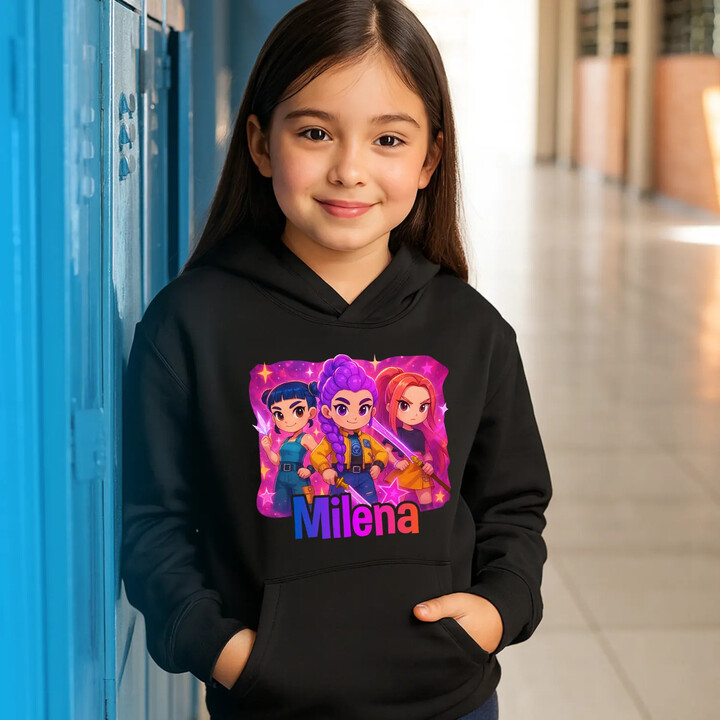 Huntrix s menom - detská mikina s kapucňou pre fanúšikov huntrix KPop Demon Hunters - personalizovaný produkt