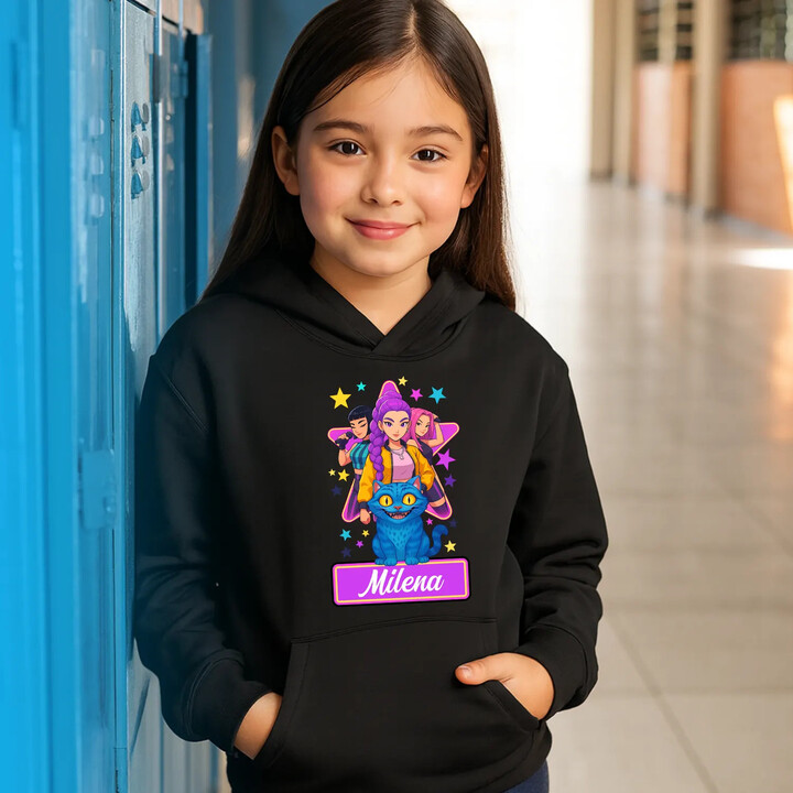 Rumi, Mira i Zoey - detská mikina s kapucňou pre fanúšikov huntrix kpop demon hunters - personalizovaný produkt