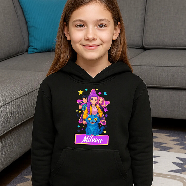 Rumi, Mira i Zoey - detská mikina s kapucňou pre fanúšikov huntrix kpop demon hunters - personalizovaný produkt