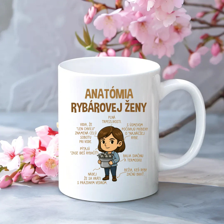 Anatómia rybárovej ženy - keramický hrnček s potlačou