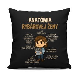 Anatómia rybárovej ženy - čierny vankúš s potlačou