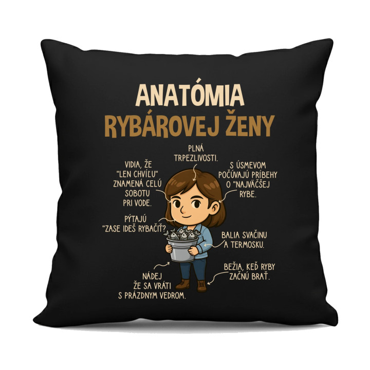 Anatómia rybárovej ženy - čierny vankúš s potlačou