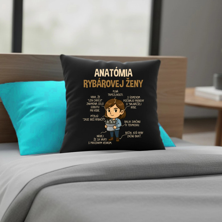 Anatómia rybárovej ženy - čierny vankúš s potlačou