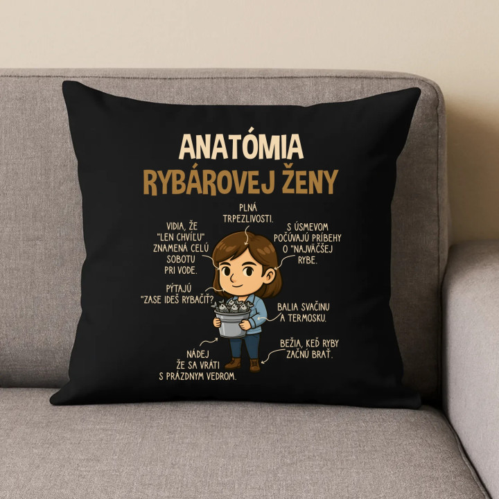 Anatómia rybárovej ženy - čierny vankúš s potlačou