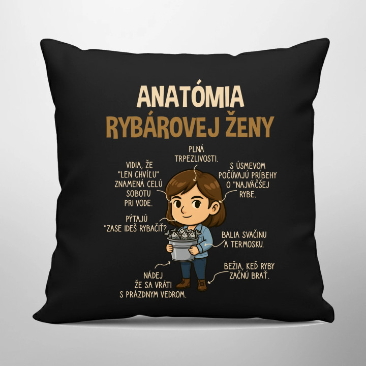 Anatómia rybárovej ženy - čierny vankúš s potlačou