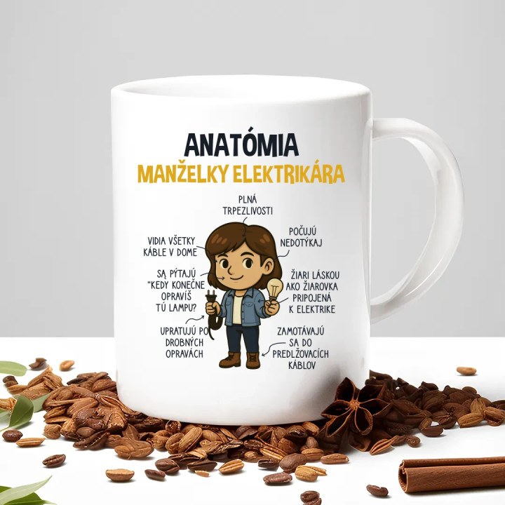 Anatómia manželky elektrikára - keramický hrnček s potlačou