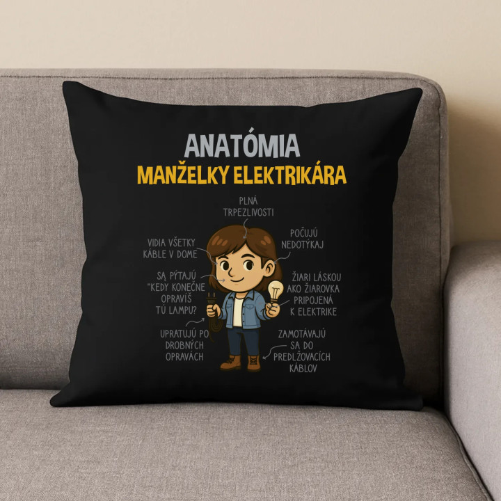 Anatómia manželky elektrikára - čierny vankúš s potlačou