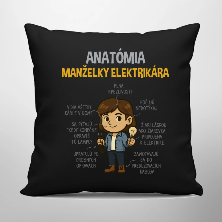 Anatómia manželky elektrikára - čierny vankúš s potlačou