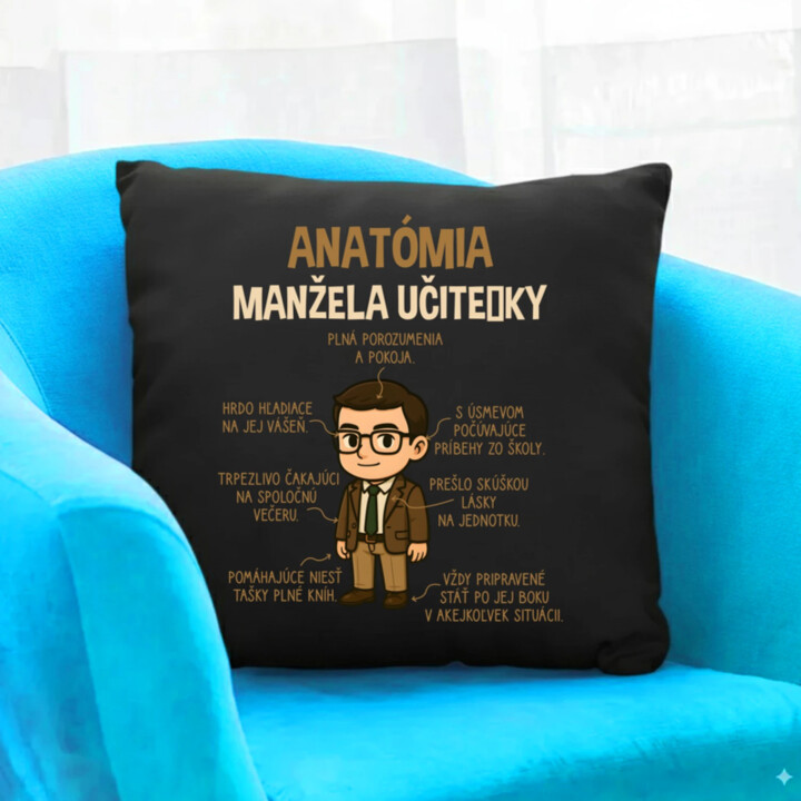 Anatómia manžela učiteľky - čierny vankúš s potlačou